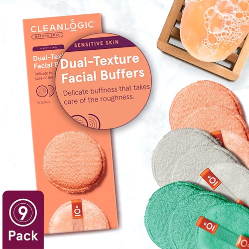 CleanLogic Bath & Body Exfoliating Dual-Texture Facial Pads, Face Sponges for Cleansing & Softening Sensitive Skin, MakeUp Remover Pads, Assorted Colors, 9 Count Value Pack
