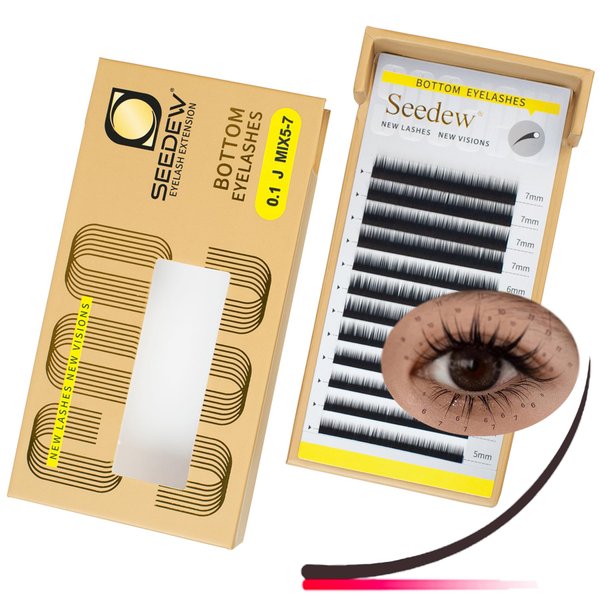 SEEDEW Bottom Eyelash Extensions, MIX5-7mm J Curl 0.10mm 12 Rows/Tray, Classic Individual Single Natural Soft Lightweight Lashes Grafting Supplies for Lash Artists Salons (Red Brown-0.1-J-MIX5-7mm)