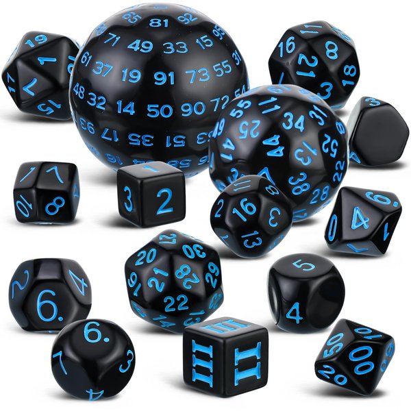 15 Pieces Complete Polyhedral Dice Set D3-D100 Spherical RPG Dice Set in Opaque Black, 100 Sides Dice Set for Role Playing Table Games Party Supplies (Black and Blue)