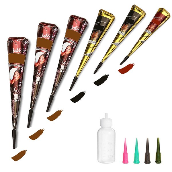 Temporary Tattoos Kit, 6Pcs Semi Permanent Tattoo Paste Cones, India Body DIY Art Painting for Women Men Kids, Summer Trend hand Plaste with 3 Colors(1Pc Bottle,4Pcs Nozzles)20Pcs Adhesive Stencil