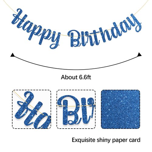MonMon & Craft Happy Birthday Banner/Children Adults Boys Girls Birthday Party Decor/Birthday Party Decorations Blue Glitter