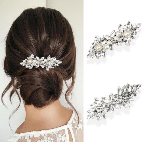 AOREAS 4Pcs Rhinestone Hair Clips Crystal Pearl Hair Barrettes for Women Wedding Bridesmaid Flower Hair Accessories Jewerly for Bridal,Wedding,Party,Prom (Silver+Silver)
