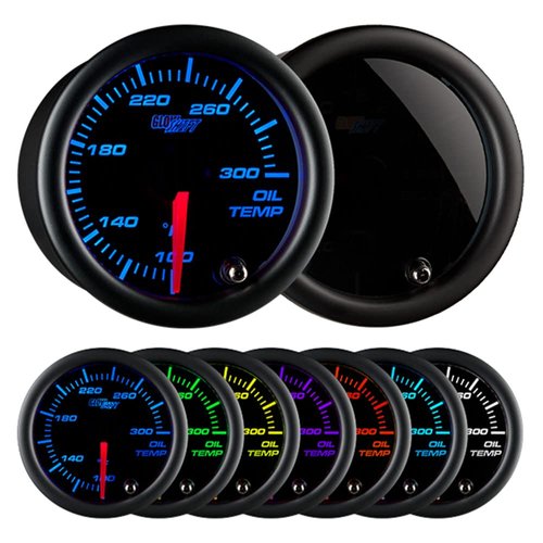 GlowShift Tinted 7 Color 300F Oil Temperature Gauge Kit - Includes 1/8-27 NPT Electronic Sensor & Wiring - Multi-Color Display - Black Dial - Smoked Lens - for Car & Truck - 2-1/16" 52mm