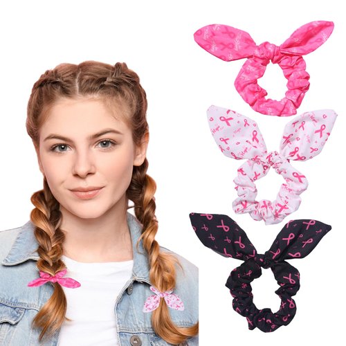 3PCS Breast Cancer Awareness Hair Ties Pink Ribbon Elastic Hair Scrunchies Rabbit Ears Bow Hair Bands Women's Breast Cancer Awareness Hair Accessories Ponytail Holder for Women Girls