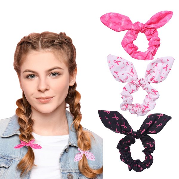 3PCS Breast Cancer Awareness Hair Ties Pink Ribbon Elastic Hair Scrunchies Rabbit Ears Bow Hair Bands Women's Breast Cancer Awareness Hair Accessories Ponytail Holder for Women Girls