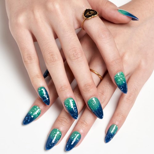 GLAMERMAID Thermochromic Press on Nails Medium-Handmade Short Almond Fake Nails Coffin with Star Glitter Design, Temperature Color Changing Blue Glue on Nails for Women, Acrylic False Nail Kit Tips