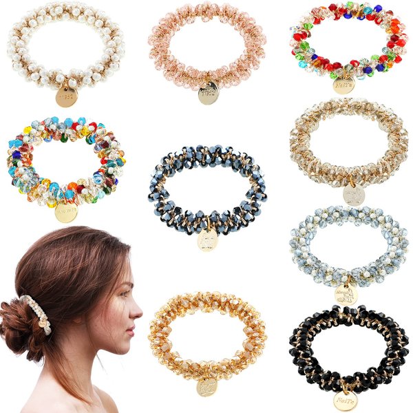 9 Pcs Hair Ties Crystal Elastic Hair Scrunchies Stretchy Hair Accessories Bead Ponytail Holders Boho Hair Elastics Ties Handmade Hair Bands for Women and Girls Rubber Bands (Cute Style)