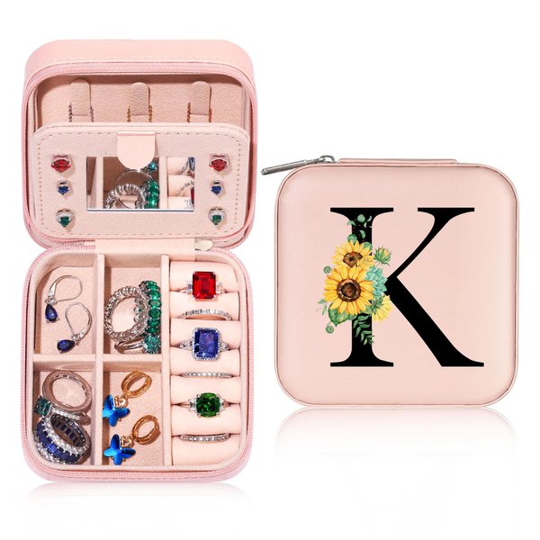 Parima Travel Jewelry Box Jewelry Organizer - Sunflower Gifts for Women Girls Jewelry Box, Personalized Jewelry Box for Women | Birthday Gifts for Friends Female Pink Jewelry Box - Letter K, Pink