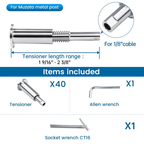 [Patent] Muzata 40Pack Invisible Cable Railing Kit for 1/8" Wire Rope Upgraded Hand Swage Tensioner T316 Stainless Steel Cable Railing Hardware Compeletly Hidden for 2"x2" Metal Deck Post CB40