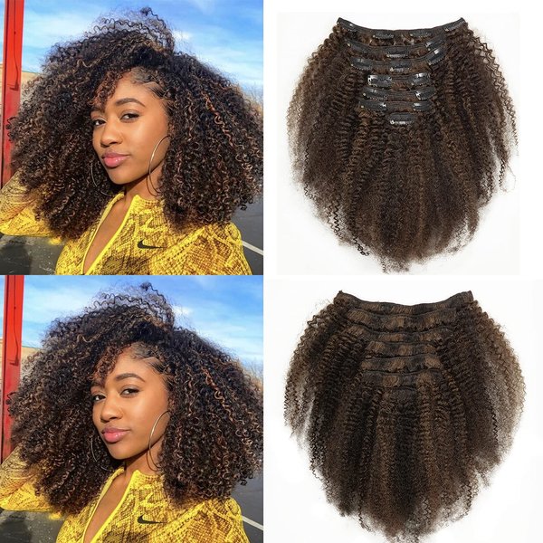 Loxxy Natural Clip In Hair Extensions For Black Women 3C 4A Afro Kinky Curly Clip In Hair Extensions Double Weft Real Remy Human Hair Piano Natural Black Mixed With Chocolate Brown 120Gram 20Inch