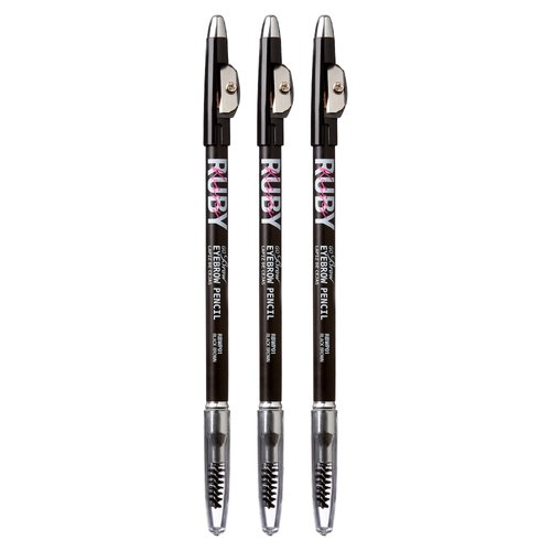 Ruby Kisses GoBrow Eyebrow Pencil, Sharpenable, Longwear, Long Lasting Eyebrow Wooden Pencil for Natural-Looking Brows 3 PACK (Black Brown)