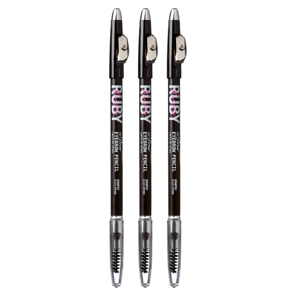 Ruby Kisses GoBrow Eyebrow Pencil, Sharpenable, Longwear, Long Lasting Eyebrow Wooden Pencil for Natural-Looking Brows 3 PACK (Black Brown)