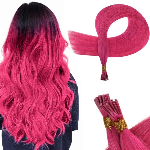 RUNATURE HotPink I Tip Hair Extensions Human Hair 16 Inch I Tip Hair Extensions HotPink Human Hair Extensions I Tip Extensions HotPink Hair Extensions I Tip Cold Fusion Hair Extensions 20g 25s