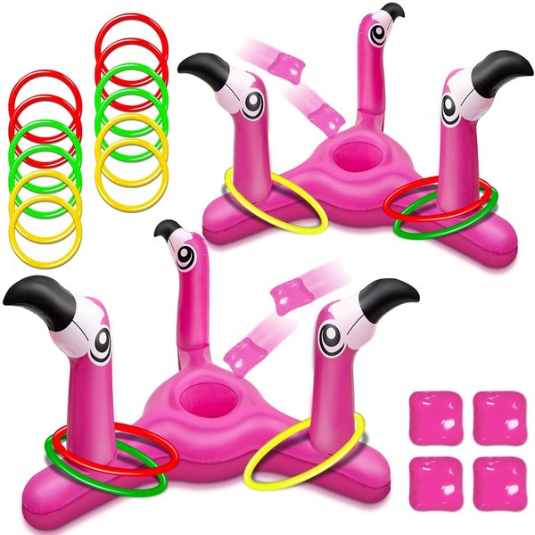 [ Pool Cornhole & Ring Toss ] 2-in-1 Flamingo Pool Game, 2 Flamingo Cornhole Board 12 Rings 4 Bean Bags Pool Toy Luau Hawaii Party Multiplayer Pool Bean Bags Toss Game for Adult Family Summer Pool
