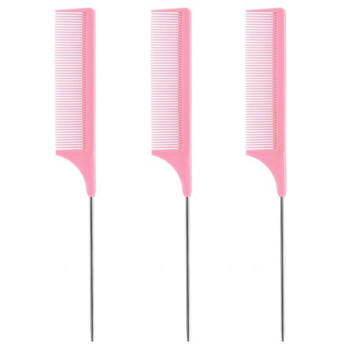 3Pcs Rat Tail Comb Parting Comb，Steel Pin Rat Tail Carbon Fiber Heat Resistant Teasing Combs with Stainless Steel Pintail for Hair Rat tail Combs Salon，Hair Combs for Women(Pink)