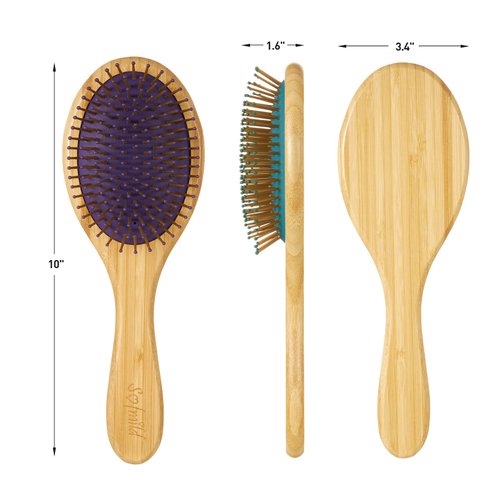 Sofmild Bamboo Wooden Paddle Hair Brush Comb Set, Hairbrushes for Women Men Kid Detangling Hair Massaging Scalp with Round Tip Bristles for All Hairstyles(Purple Wooden)
