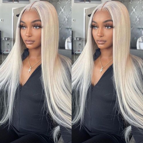 Mscathy Platinum Blonde #60 Colored Straight Hair Frontal Wig13X4 Human Hair Wig HD Lace Front Breathable Hair Pre Plucked HD Transparent 180% Density Lace Front Wigs (26 INCH, Platinum Blonde)