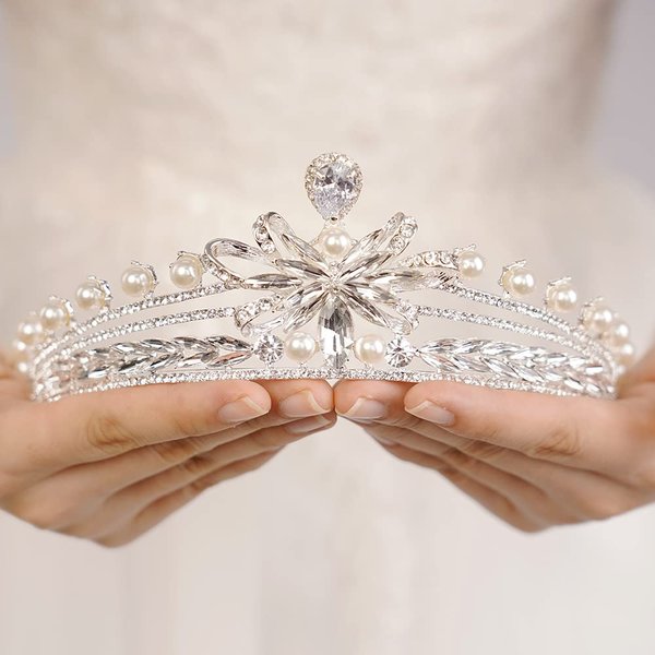 JWICOS Silver Pearl Tiara Crown for Women Crystal Headband Headpiece Princesss Crown Tiara for Brides Bridal Wedding Tiara for Prom Pageant Gift (Silver)