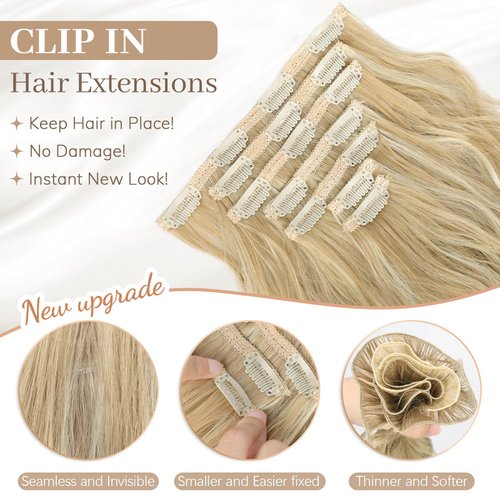 KooKaStyle Hair Extensions, 7PCS Clip in Long Mermaid Wavy Hair Extensions Thick Natural Hairpieces Double Weft for Women Full Head (20 Inch, Beach Blonde)