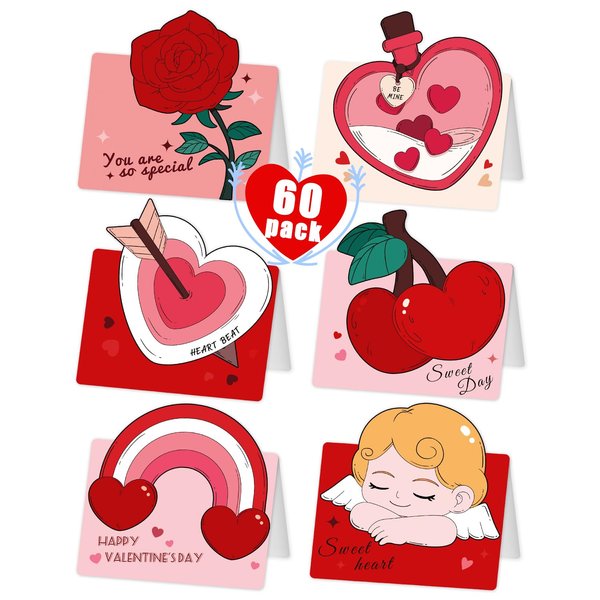 PARTYWIND 60 Pack Valentines Cards for Kids, Foldable Greeting Cards for Happy Valentine's Day, Bulk Valentines Day Cards for Kids Classroom Exchange, Party Supplies Decorations