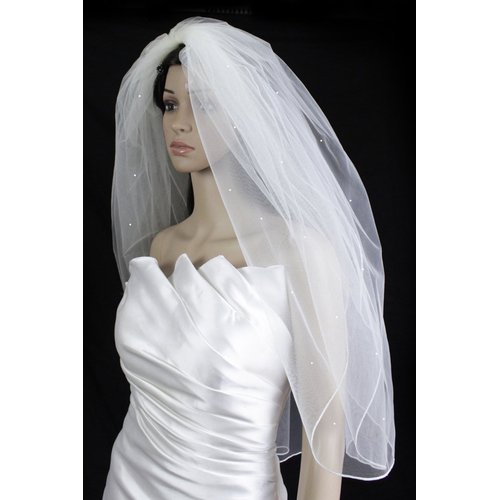 Bridal Veil Ivory 2 Tiers Fingertip Length Pencil Edge Scattered Rhinestones