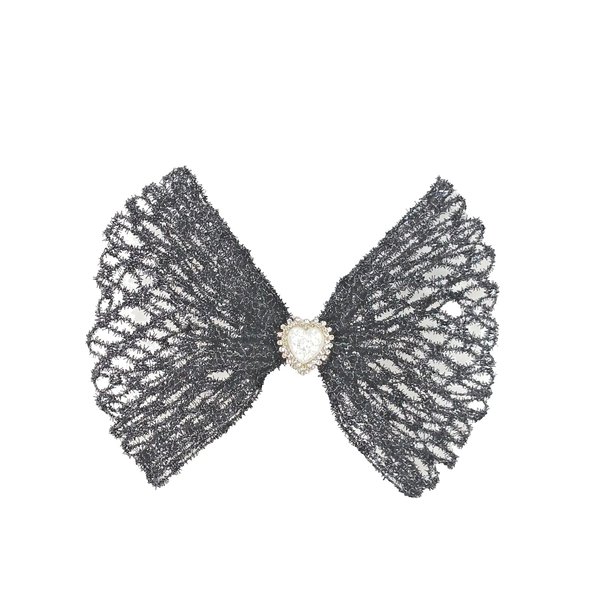 Black Color Bow Hair Clip with Heart Charm, Hair Accessory, 1pc