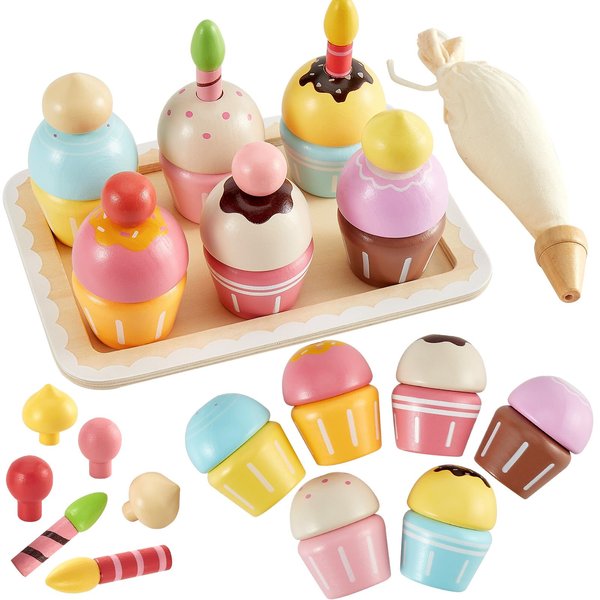 HERSITY Wooden Cupcakes Toys Pretend Play Food Desserts Kids Baking Set, Kitchen Playset for Toddlers 3-5, Tea Party for Little Girls Cooking Games Age 3 4 5 Years Old Girls Boys