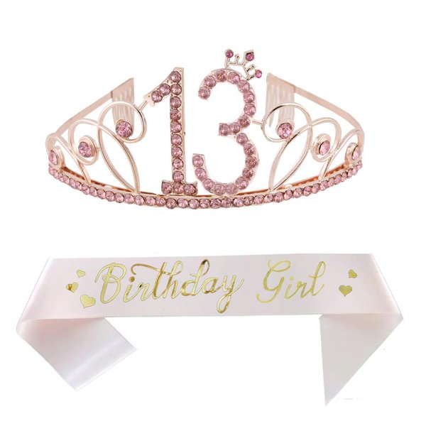 13th Birthday Pink Tiara and Pink Sash Happy 13th Birthday Party Supplies Birthday Girl Glitter Satin Sash and Crystal Tiara Princess Birthday Crown for Girls 13th Birthday Party Decorations Favors