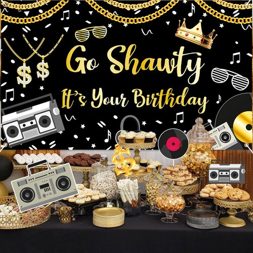 80s 90s Hip Hop Birthday Party Decorations Glitter Rap Theme Birthday Banner Go Shawty It's Your Birthday Sign Backdrop Funny Gold Chain Birthday Photo Booth for Women Men Birthday Party Supplies