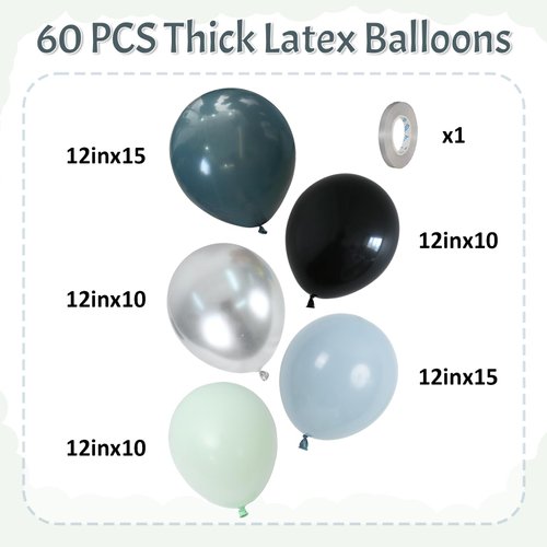 HILAVO Dusty Blue and Black Balloons 60pcs 12 Inch Race Car Slate Light Pale Blue Green Black Metallic Silver Latex Helium Balloon for Boys Race Car Fast Birthday Safari Baby Shower Party Decorations