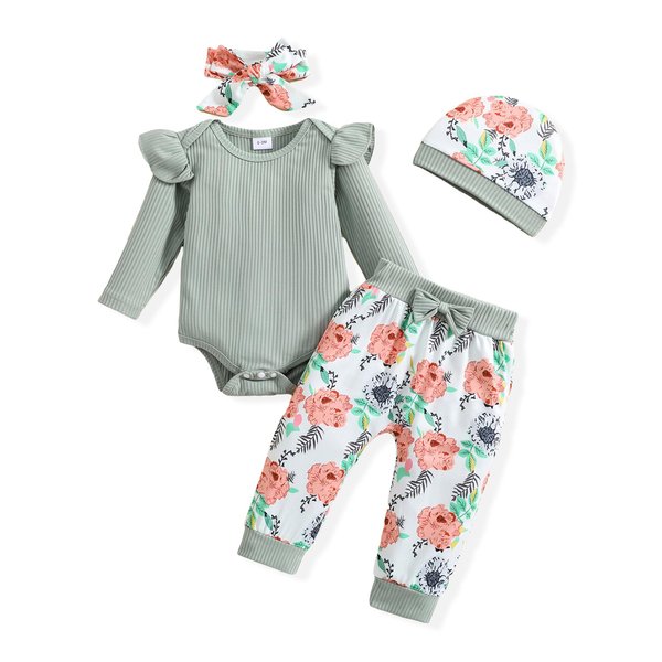Doresbebe Baby Girl Clothes 3-6 Months Newborn Outfit Infant Romper Fall Winter Girls' Clothing Set Hat Headband Ruffle Long Sleeve Rib Solid Top Green Floral Pant 4Pcs
