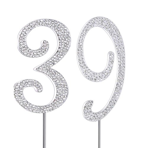 MAGJUCHE Silver 39" Crystal Cake Topper, Number 39 Rhinestones 39th Birthday Cake Topper, Men or Women Birthday or 39th Anniversary Party Decoration Supply