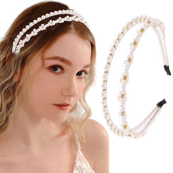 Firuilo Double Pearl Headband Wedding Flower Hairband Sparkle Rhinestones Head Band Silver Bridal Hair Accessories for Women