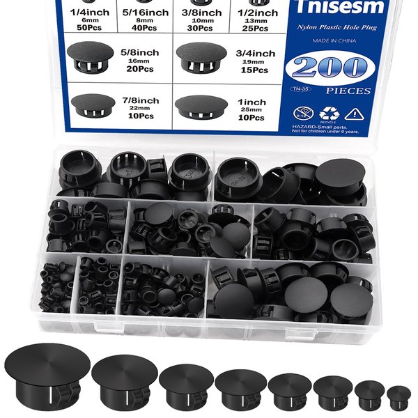 Tnisesm 200Pcs 8 Sizes Nylon Plastic Hole Plugs Black 1/4" 5/16" 3/8" 1/2" 5/8" 3/4" 7/8" 1" Round Drill Hole, Flush Type Panel Knockout Locking Plugs, Furniture Cabinet Insert End Caps