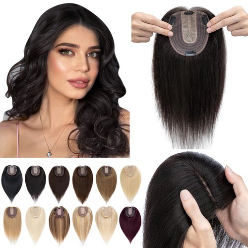 SEGO Hair Toppers for Women Real Human Hair No Bangs 130% Density 10 * 12CM Silk Base 100% Remy Human Hair Clip in Top Wiglet Hair Pieces for Thinning Hair-18 Inch Natural Black