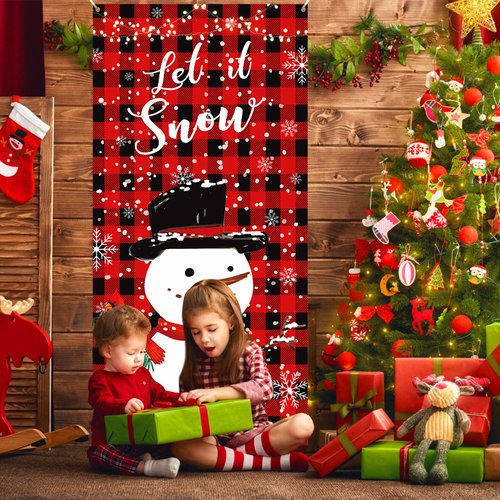 Plaid Christmas Door Cover Snowman Door Banner Decorations Red Black Buffalo Plaid Let It Snow Snowman Cardinal Door Cover Backdrop Sign for Christmas Winter Holiday Indoor Outdoor Party Supplies