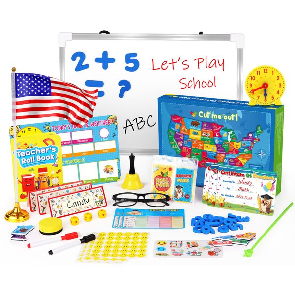UOMTFAI Pretend Play Teacher Set, Kids Pretend Teacher Playset with Whiteboard Learning Clock Magnetic Numbers and Map Puzzles, Pretend Play Teaching Toys Learning Education Toys for Kids