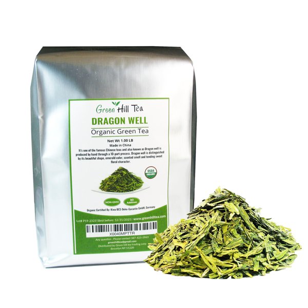 Organic Dragon Well, a classic Chinese Green tea distinguished by its color, shape and taste- 1 lb Bag.