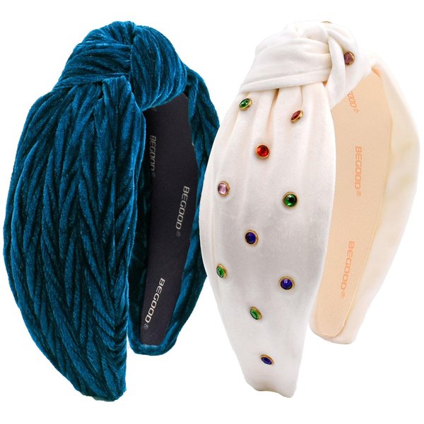 BEGOOD Headbands for Women Rhinestone Knotted Wide Headband Top Knot Headbands Fashion Designer White Hairbands for Women's Hair Winter Hair Accessories for Girls 2Pcs