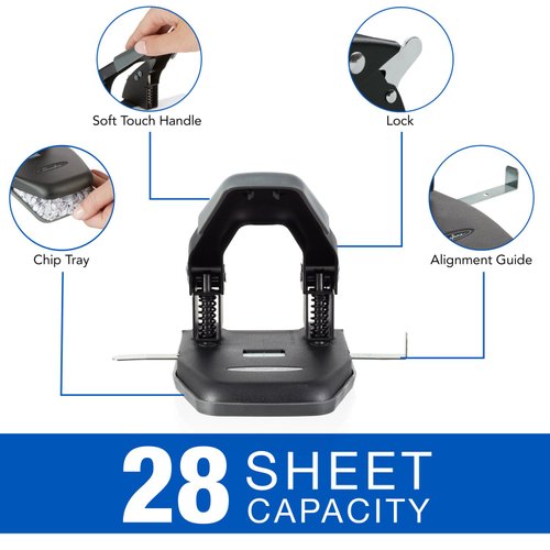 Swingline 2 Hole Punch, 28 Sheet Capacity Hole Puncher, Paper Punch, Low Effort Comfort Handle, Alignment Guide, Black (74050)