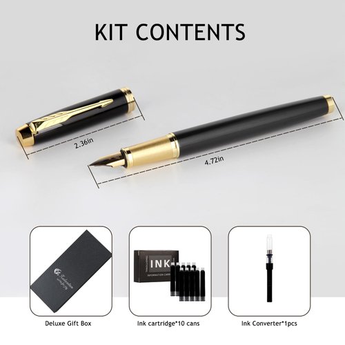 Zalantan Fountain Pen,luxury pens,Fine point smooth writing pens for journaling fancy pens with Gift Case 10 black ink cartridges an ink converte nice pens metal pen writer gifts（Black）