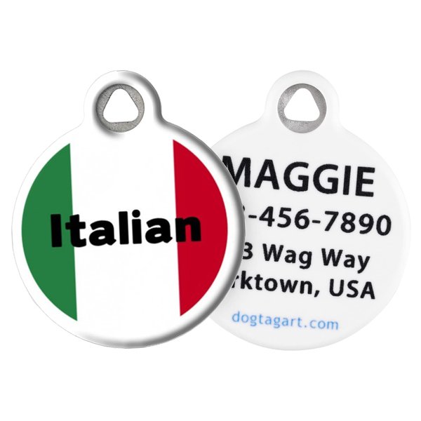 Dog Tag Art Italian Personalized Pet ID Tag for Dogs and Cats, Silent Polymer Coated Stainless Steel Nametag with Customized Idenification Information, Small .875" Diameter