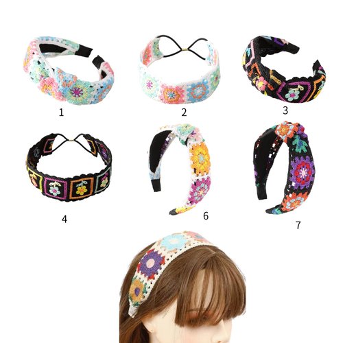 LIANXUE Floral Knitted Headband for Women Stretch Turban Floral Crocheted Granny-Square Ethnic Style Tie Head Wrap Headband