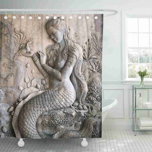 Emvency Waterproof Shower Curtain Curtain Fabric with Hooks Yellow Paintings Mermaid Woman Stucco Aug 66"x72" Decorative Bathroom Odorless Eco Friendly