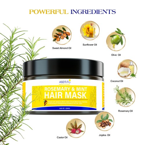 Rosemary Oil Mint Hair Mask with Biotin - Anti-Hair Loss for Thinning Hair and Split Ends - Strengthening Deep Conditioner Hair Mask - 8.82 OZ