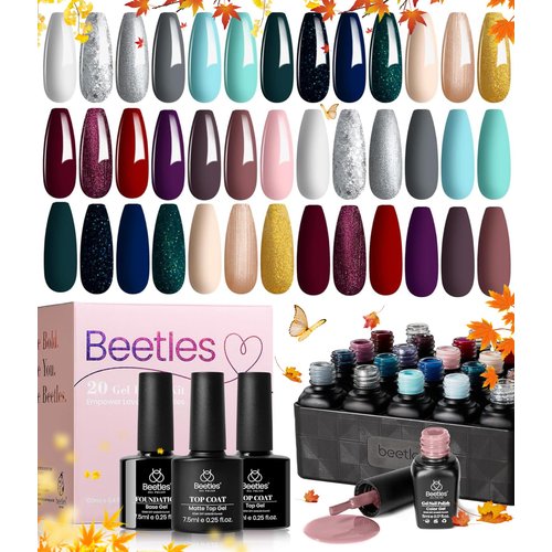 beetles Gel Polish Kit 20 Pcs Free Spirit Collection Burgundy Red Glitte Fall Blue Gray Purple Gel Nail Polish Soak Off Glossy & Matte Top Base Coat DIY Manicure Gifts for Women