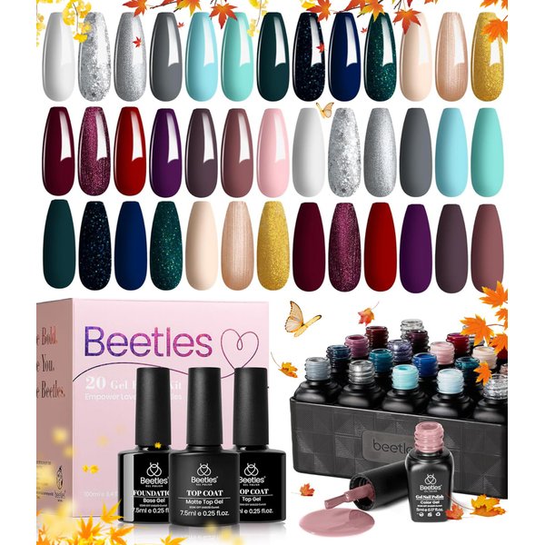 beetles Gel Polish Kit 20 Pcs Free Spirit Collection Burgundy Red Glitte Fall Blue Gray Purple Gel Nail Polish Soak Off Glossy & Matte Top Base Coat DIY Manicure Gifts for Women