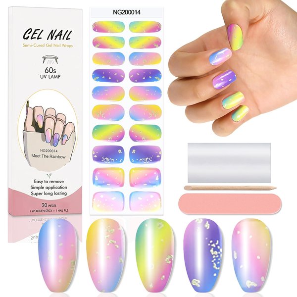 WOKOTO 20 Pcs Aurora Colorful Semi Cured Gel Nail Strips with Nail File & Wooden Stick Rainbow Gradient Color Semicured Nail Polish Strips Uv Gel Nail Polish Stickers Full Nail Wraps for Women