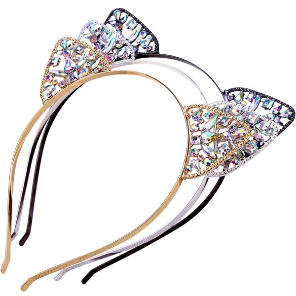Metal Cat Ears Headband Rhinestone Crystal Cat Ear Headbands Halloween Hair Bands Hoop Grils Women Hairband Party Headdress Cosplay Costume Headwear Headpiece Makeup Hair Accessories 3 Pack