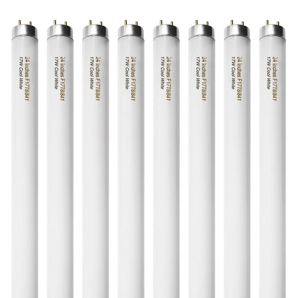 Konideke 8 Pack 24 inch F17T8 17 Watts Light Bulb 2 Foot Straight Fluorescent Tube T8 Tube Light Cool White 1400 Lumen G13 Medium Bi-Pin Cap 8 Count